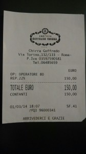 Nota Fiscal de aquisição do Sassicaia em Roma onde custou 150 Euros. No Brasil, a mesma safra está por cerca de R$ 1.500 !!! 